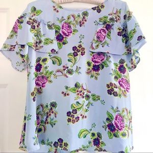 Baby blue floral print blouse with ruffle